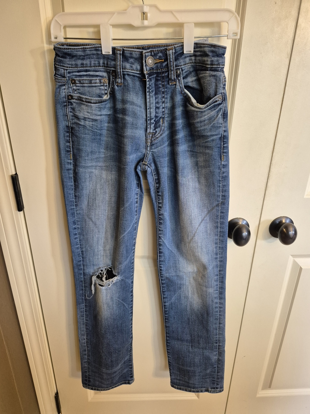 Blue Distressed Straight-Leg Jeans
